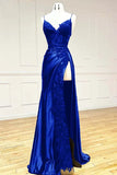 Black Spaghetti Straps Evening Dresses Satin Sheath Long Prom Dresses with Slits HZ1024