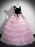 V Neck Pink Tulle Long Prom Dress, Pink Long Formal Dress HZ1024