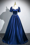 Satin Long A-Line Prom Dress with Pearls, Elegant Short Sleeve Evening Party Dress HZ1024