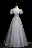 Tulle Beaded Long Prom Dress, A-Line Short Sleeve Evening Party Dress HZ1024