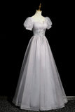 Tulle Beaded Long Prom Dress, A-Line Short Sleeve Evening Party Dress HZ1024
