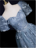 Evening Dress under $180||Fairytale?? A-Line Puff Sleeves Tulle Lace Gray BlueSweet Long Prom Dress for Birthday HZ1024