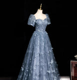 Evening Dress under $180||Fairytale?? A-Line Puff Sleeves Tulle Lace Gray BlueSweet Long Prom Dress for Birthday HZ1024