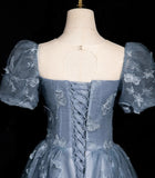 Evening Dress under $180||Fairytale?? A-Line Puff Sleeves Tulle Lace Gray BlueSweet Long Prom Dress for Birthday HZ1024