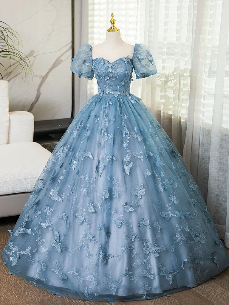 Evening Dress under $180||Fairytale?? A-Line Puff Sleeves Tulle Lace Gray BlueSweet Long Prom Dress for Birthday HZ1024