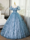 Evening Dress under $180||Fairytale?? A-Line Puff Sleeves Tulle Lace Gray BlueSweet Long Prom Dress for Birthday HZ1024