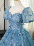 Evening Dress under $180||Fairytale?? A-Line Puff Sleeves Tulle Lace Gray BlueSweet Long Prom Dress for Birthday HZ1024