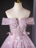 Off Shoulder Tulle Lace Pink Long Prom Dress, Pink Long Formal Dress HZ1024
