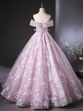 Off Shoulder Tulle Lace Pink Long Prom Dress, Pink Long Formal Dress HZ1024