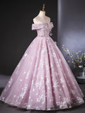 Off Shoulder Tulle Lace Pink Long Prom Dress, Pink Long Formal Dress HZ1024