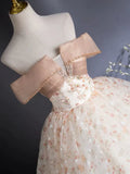 Off Shoulder Tulle Lace Champagne Long Prom Dress, Champagne Formal Dress HZ1024