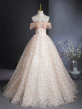 Off Shoulder Tulle Lace Champagne Long Prom Dress, Champagne Formal Dress HZ1024