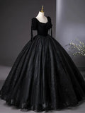 Tulle Velvet Sequin Black Long Prom Dress, Black Long Evening Dress HZ1024