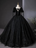 Tulle Velvet Sequin Black Long Prom Dress, Black Long Evening Dress HZ1024