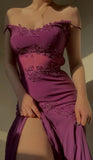 Grape Spaghetti Straps Sheath Chiffon Prom Dress With Beads HZ1024
