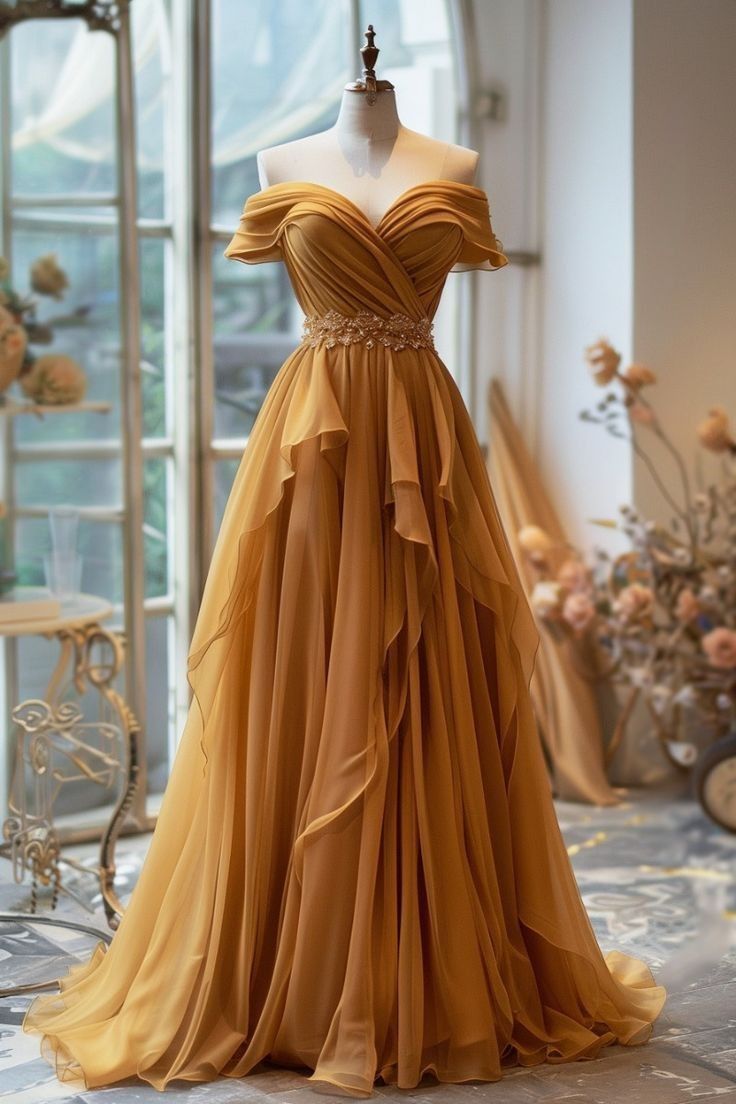 A-line Off-shoulder Chiffon Long Prom Dress Formal Evening Gown HZ1024