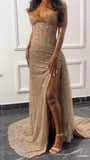 Strapless Shiny Beaded Sequin Long Prom Dresses Formal Evening Dresses With Slit HZ1024