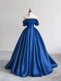 Off Shoulder Satin Dark Blue Long Prom Dress, Dark Blue Long Formal Dress HZ1024