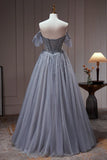 Tulle Dusty Blue Long Prom Dress, Dusty Blue Formal Dress HZ1024