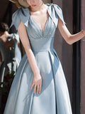 A-Line V Neck Satin Beads Long Prom Dress, Blue Evening Dress HZ1024