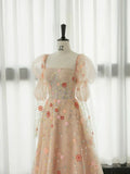 Pink A-Line Long Sleeve Tulle Lace Long Prom Dress HZ1024
