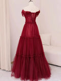 A-Line Off Shoulder Tulle Long Prom Dress, Burgundy Long Evening Dress HZ1024