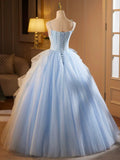 A-Line Spaghetti Strap Tulle Lace Long Prom Dress, Blue Long Sweet 16 Dress HZ1024