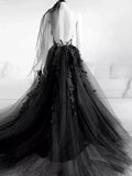 A-Line Tulle Lace Appliques Sleeveless,Backless Train Wedding Dresses HZ1024