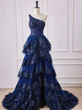 Shoulder Dark Navy Blue Long Lace Prom Dresses, One Shoulder Dark Navy Blue Lace Formal Dresses HZ1024