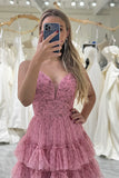 A Line Spaghetti Straps Printed Tulle Prom Dress with Ruffles HZ1024