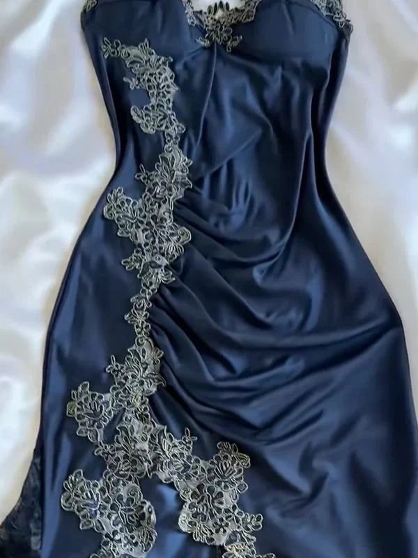 Navy Blue Spaghetti Straps Mermaid Satin Appliques Prom Dresses Party Dresses HZ1024