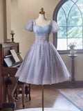 Purple Tulle Short Sleeves Homecoming Dress, Beautiful Knee Length Prom Party Dress HZ1024