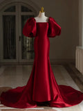 Mermaid Puff Sleeves Satin Burgundy Long Prom Dress, Burgundy Long Formal Dress HZ1024