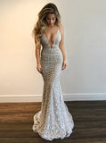 Gorgeous V-Neck Prom Party Gowns Lace Mermaid Evening Gowns HZ1024