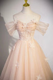 Flowers Tulle Long Formal Dresses, Champagne Off Shoulder Evening Dresses HZ1024