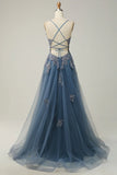 A-line Spaghetti Strap Tulle Long Prom Dress Applique V-neck Party Dress HZ1024