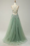 A-line Spaghetti Strap Tulle Long Prom Dress Applique V-neck Party Dress HZ1024