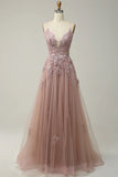 A-line Spaghetti Strap Tulle Long Prom Dress Applique V-neck Party Dress HZ1024