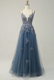 A-line Spaghetti Strap Tulle Long Prom Dress Applique V-neck Party Dress HZ1024