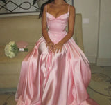 Spaghetti Straps A Line Prom Dress Satin Pink Long Bridesmaid Dresses HZ1024