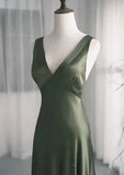 A-Line Dark Green SatinV-Neckline Low Back Prom Dress, Dark Green Formal Dress HZ1024