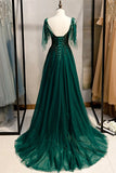 A-line V-Neck Tulle Beaded Long Prom Dress, Elegant Spaghetti Straps Lace Evening Dress HZ1024