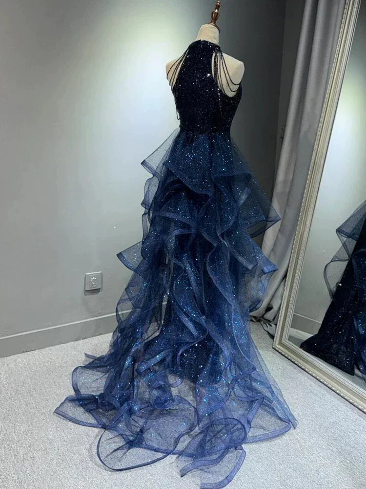 A-Line Halter Sparkly Sequins Long Prom Dresses Navy Blue Evening Dresses HZ1024