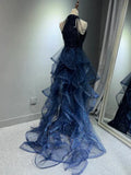 A-Line Halter Sparkly Sequins Long Prom Dresses Navy Blue Evening Dresses HZ1024