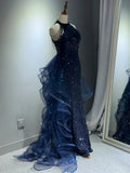 A-Line Halter Sparkly Sequins Long Prom Dresses Navy Blue Evening Dresses HZ1024