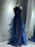 A-Line Halter Sparkly Sequins Long Prom Dresses Navy Blue Evening Dresses HZ1024