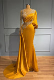 Jewel Asymmetric Satin Beading Long Sleeves Evening Prom Dresses with Appliques HZ1024