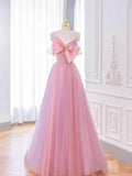 A-line Pink Tulle Long Prom Dress with Bow, Pink Formal Dresses HZ1024