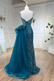 Blue Elegant Mermaid Spaghetti Strap Tulle Beading Long Prom Dress HZ1024
