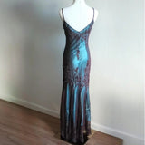 Evening Dresses ?? Blue Satin Spaghetti Straps Coffee Chiffon Long Prom Dresses with Beading HZ1024